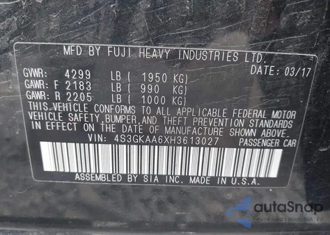 2017 Subaru Impreza 2.0I из США, поврежденный, VIN 4S3GKAA6XH3613027